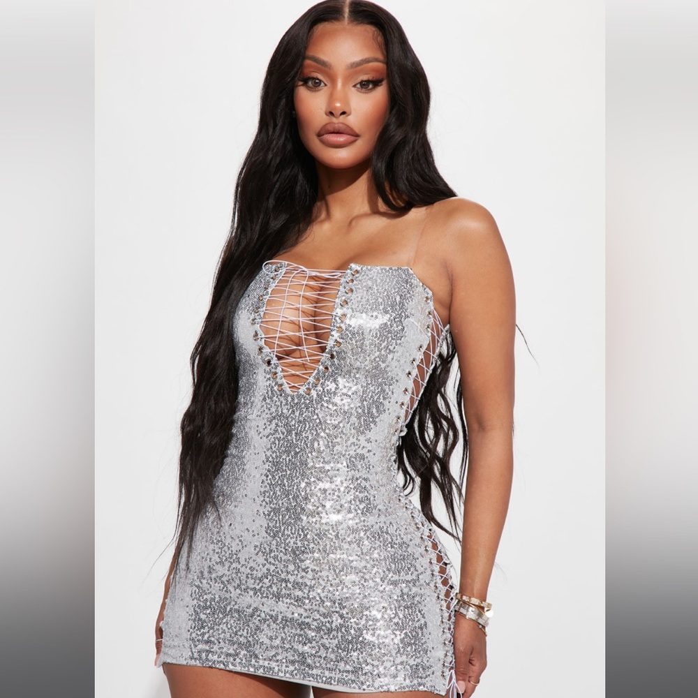 Fashion Nova Silver Sequin Lace Up Dress